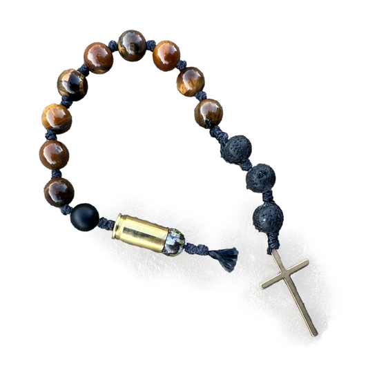 Brass Cross with Brass Shell Tiger’s Eye Rosary